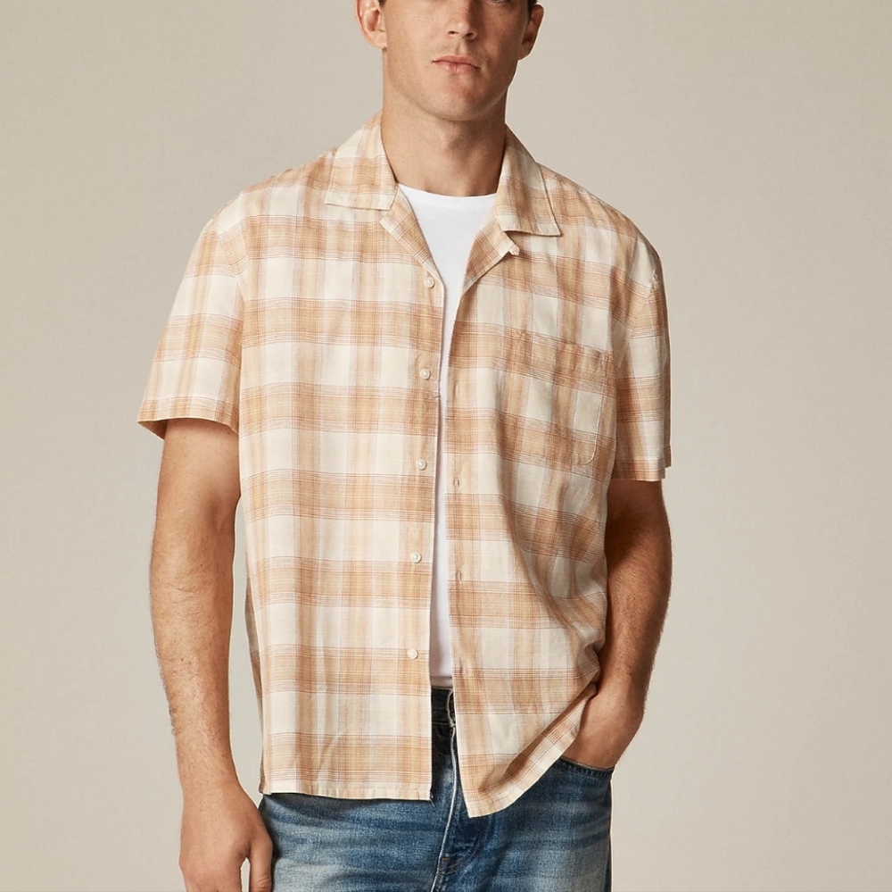 J.Crew 100% Cotton Plaid Short Sleeve Camp Shirt Size L NWT Casual Beachy Coasta